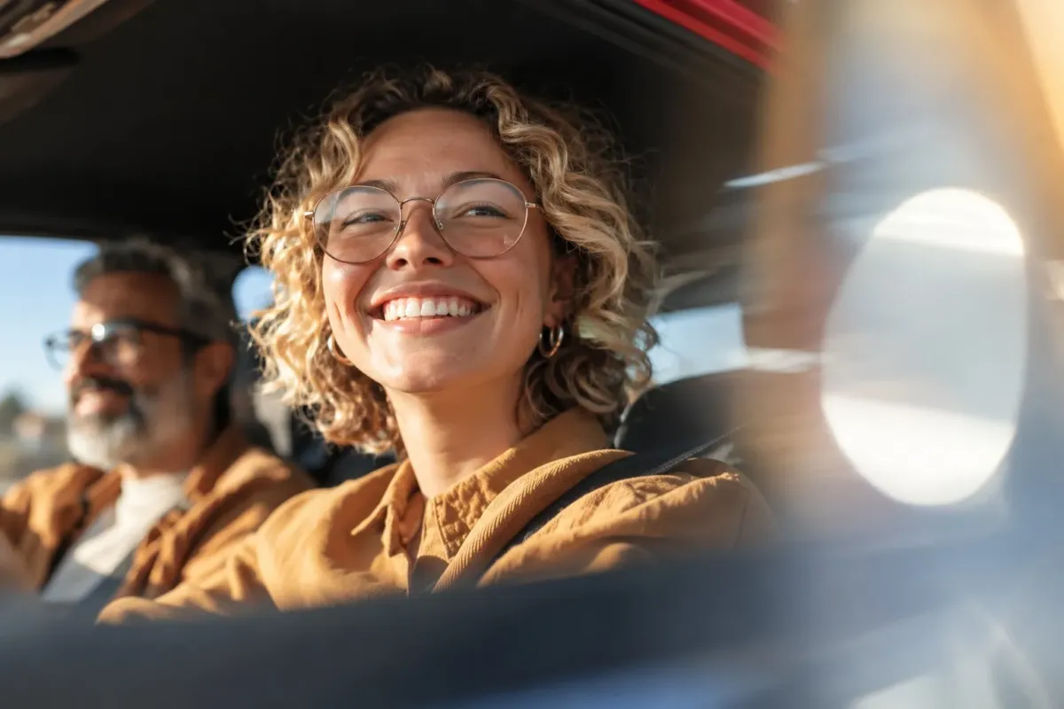 Jeune conductrice souriante au volant avec un passager masculin à ses côtés dans une voiture